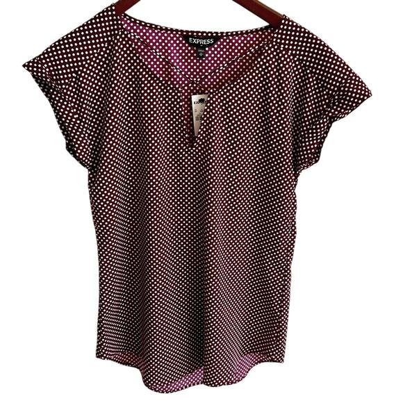 Express Burgundy White Cap Sleeve Polka Dot Blouse Size Women's XS NWT - Picture 1 of 3